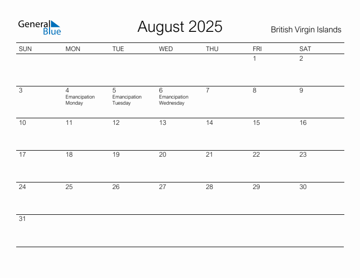 Printable August 2025 Calendar for British Virgin Islands