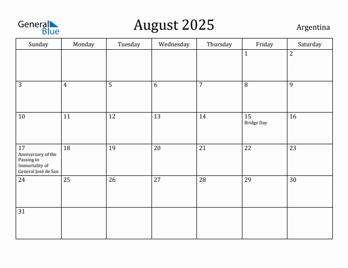 August 2025 Calendar Argentina
