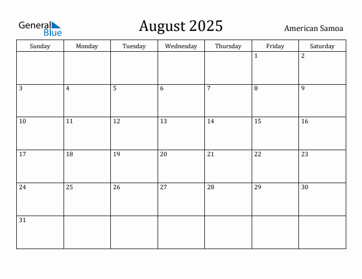August 2025 Calendar American Samoa