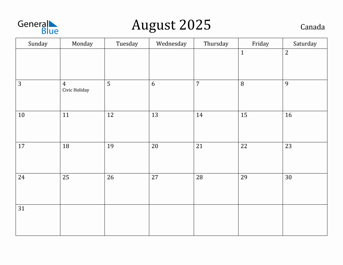 August 2025 monthly calendar with holidays in Canada