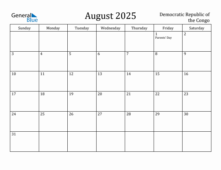 August 2025 Calendar Democratic Republic of the Congo