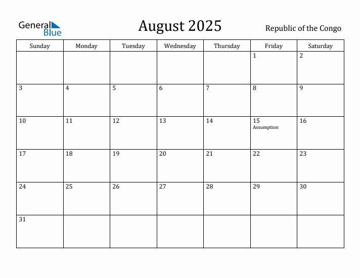 August 2025 Calendar Republic of the Congo
