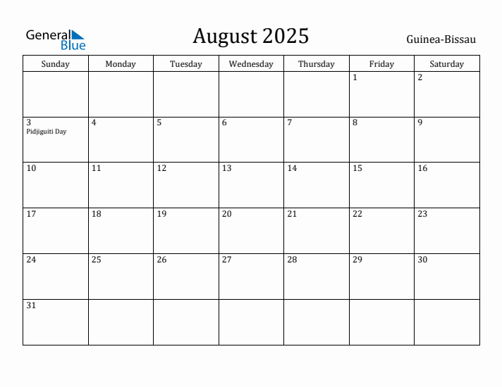 August 2025 Calendar Guinea-Bissau
