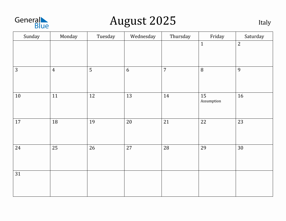 August 2025 monthly calendar with holidays in Italy