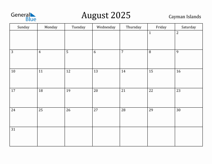 August 2025 Calendar Cayman Islands