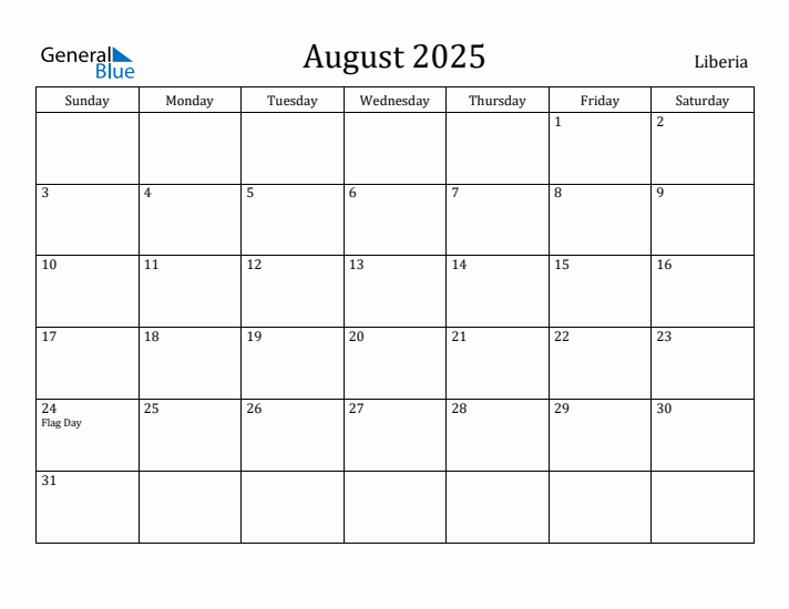 August 2025 Calendar Liberia