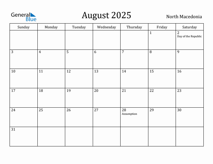 August 2025 Calendar North Macedonia