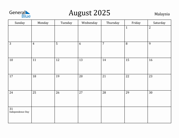 August 2025 Calendar Malaysia