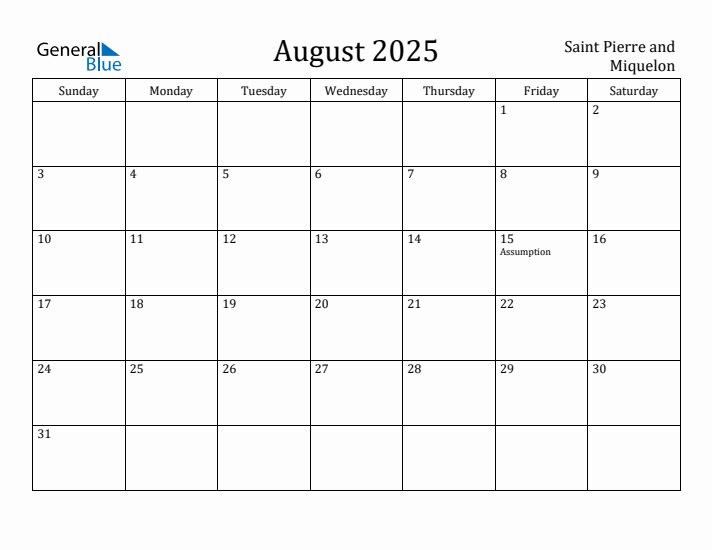 August 2025 Calendar Saint Pierre and Miquelon
