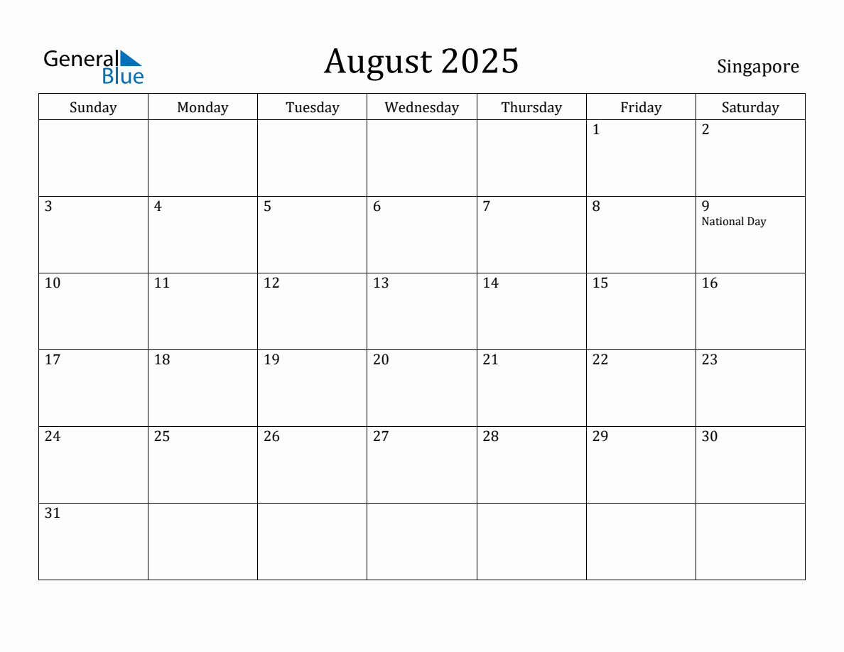 August 2025 monthly calendar with holidays in Singapore