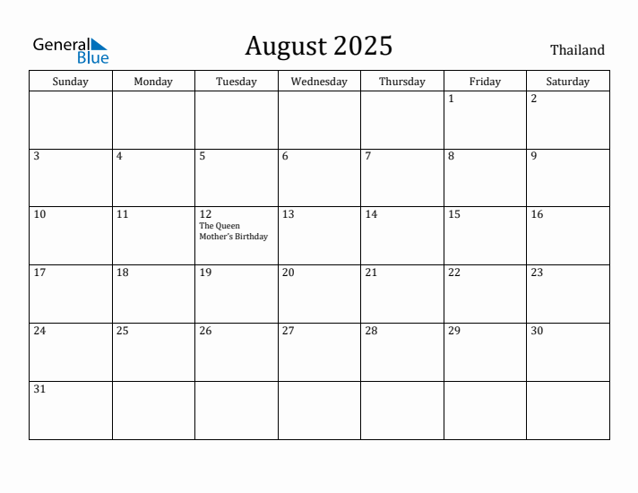 August 2025 Calendar Thailand
