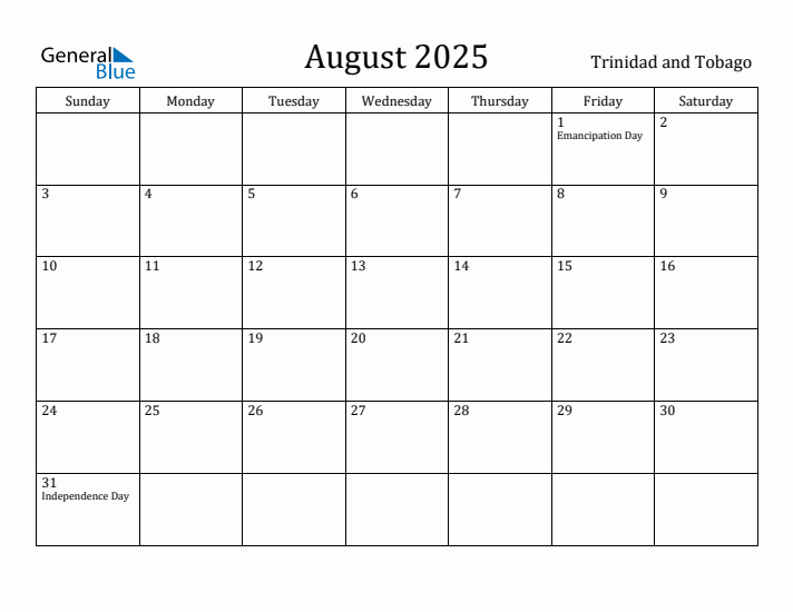 August 2025 Calendar Trinidad and Tobago