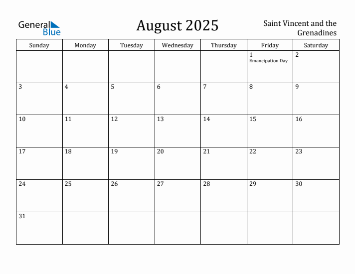 August 2025 Calendar Saint Vincent and the Grenadines