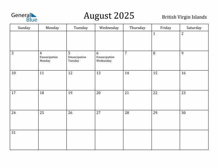 August 2025 Calendar British Virgin Islands
