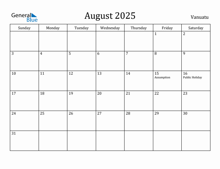 August 2025 Calendar Vanuatu