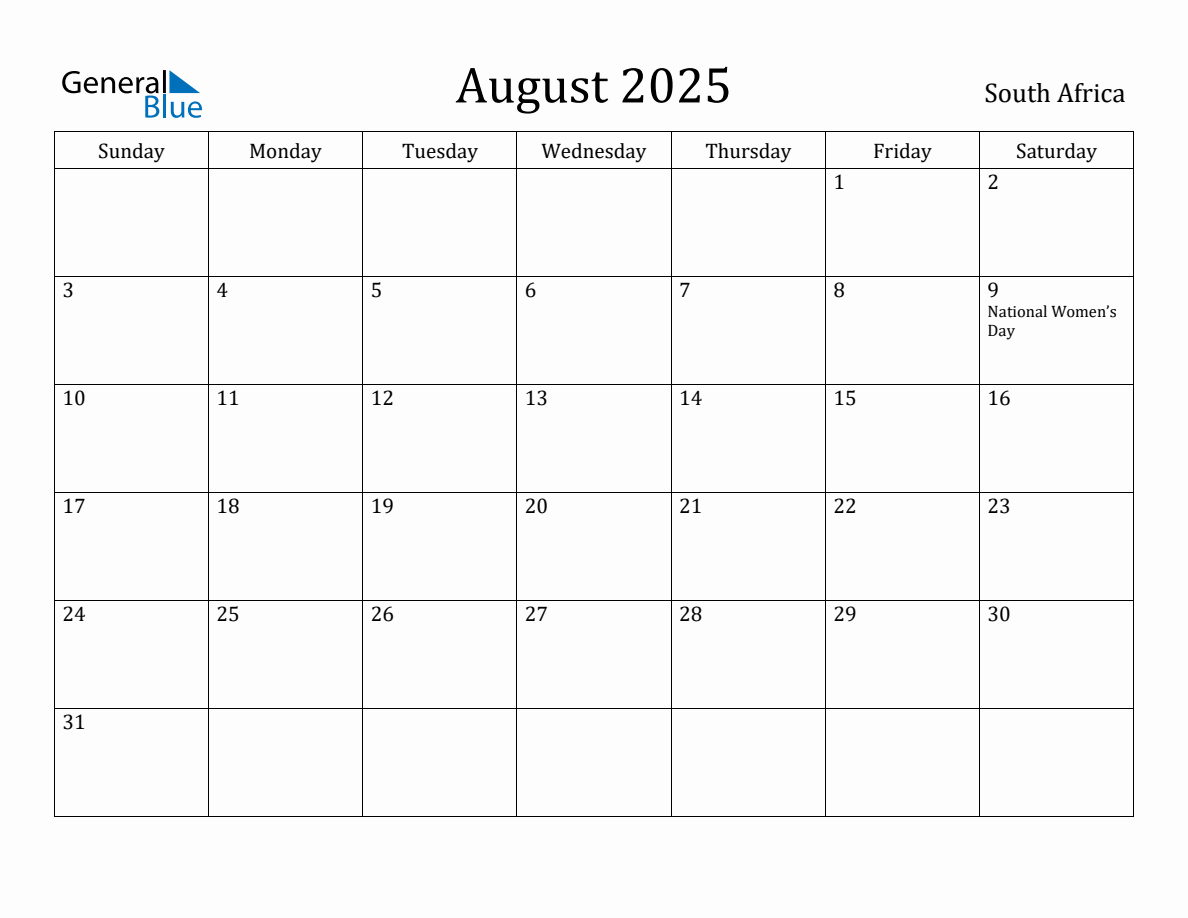 August 2025 monthly calendar with holidays in South Africa