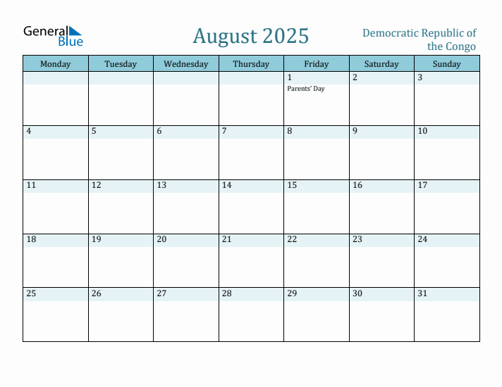 August 2025 Calendar with Holidays