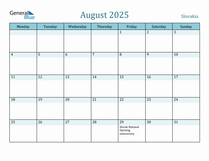 August 2025 Calendar with Holidays