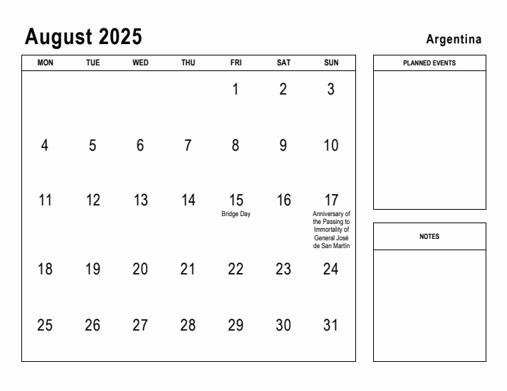 August 2025 Printable Monthly Calendar with Argentina Holidays