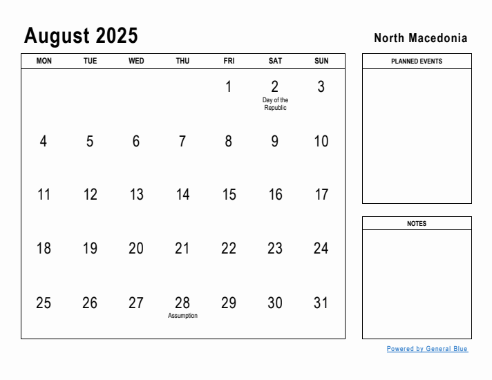 August 2025 Printable Monthly Calendar with North Macedonia Holidays