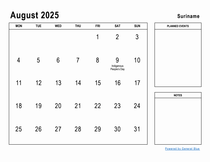 August 2025 Printable Monthly Calendar with Suriname Holidays