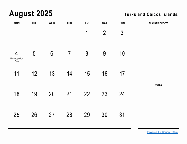 August 2025 Printable Monthly Calendar with Turks and Caicos Islands Holidays