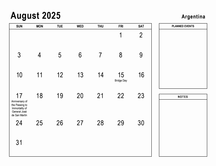 August 2025 Printable Monthly Calendar with Argentina Holidays