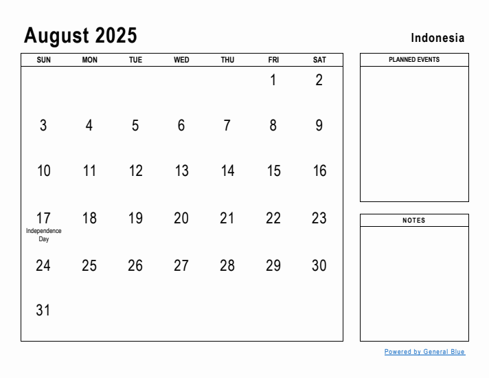 August 2025 Printable Monthly Calendar with Indonesia Holidays