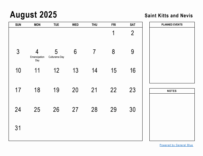 August 2025 Printable Monthly Calendar with Saint Kitts and Nevis Holidays