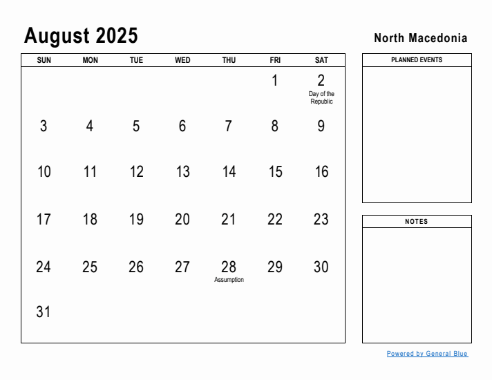 August 2025 Printable Monthly Calendar with North Macedonia Holidays