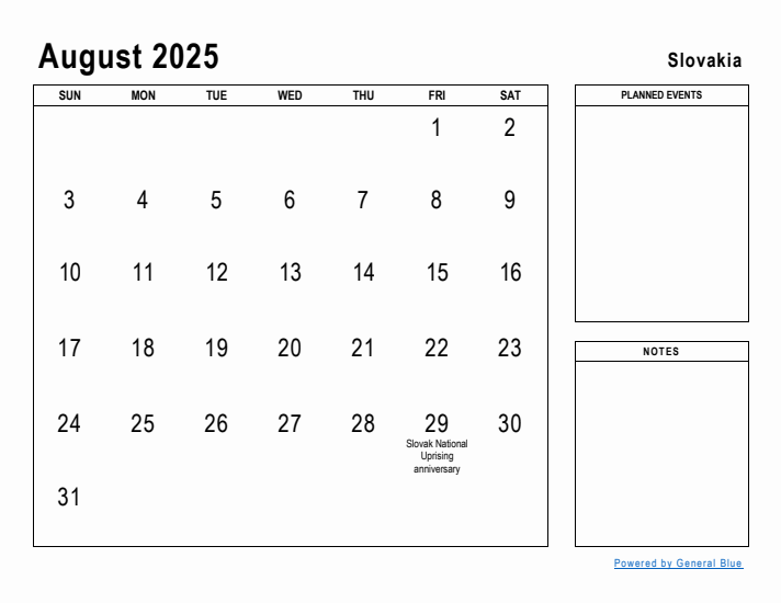 August 2025 Printable Monthly Calendar with Slovakia Holidays