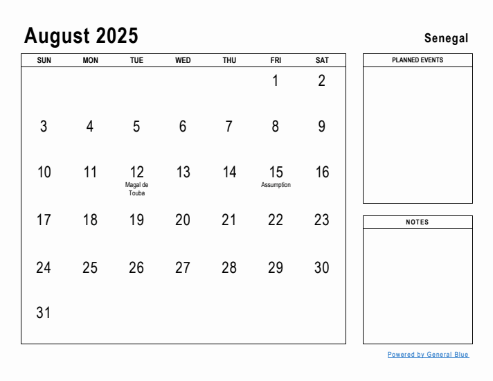 August 2025 Printable Monthly Calendar with Senegal Holidays