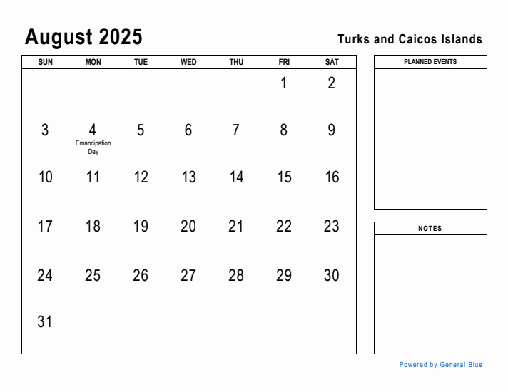 August 2025 Printable Monthly Calendar with Turks and Caicos Islands Holidays