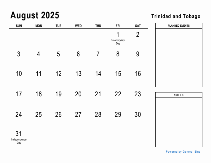 August 2025 Printable Monthly Calendar with Trinidad and Tobago Holidays