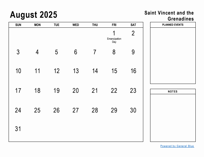 August 2025 Printable Monthly Calendar with Saint Vincent and the Grenadines Holidays