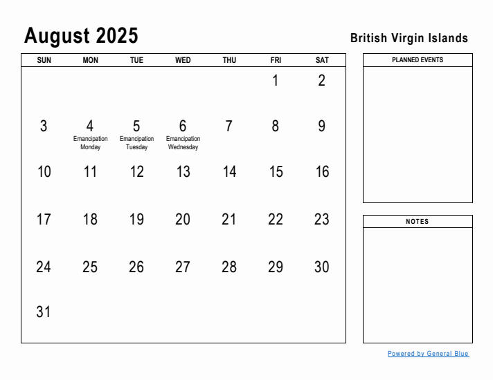 August 2025 Printable Monthly Calendar with British Virgin Islands Holidays