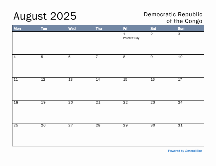 August 2025 Simple Monthly Calendar for Democratic Republic of the Congo