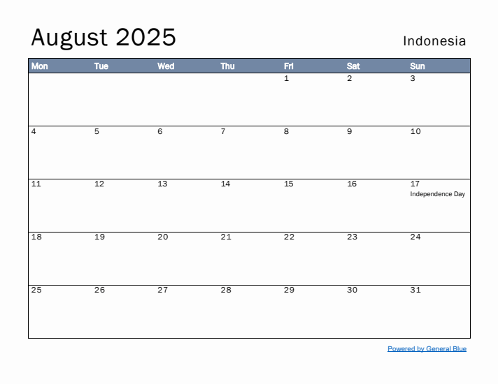 August 2025 Simple Monthly Calendar for Indonesia