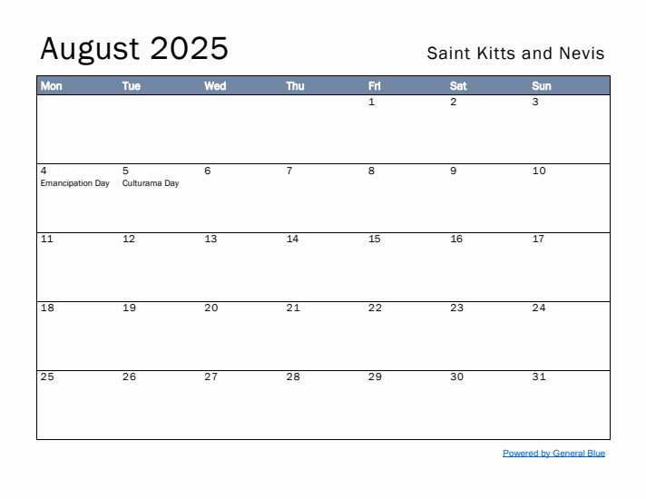 August 2025 Simple Monthly Calendar for Saint Kitts and Nevis