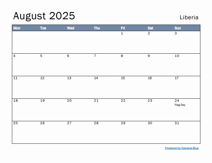 August 2025 Simple Monthly Calendar for Liberia