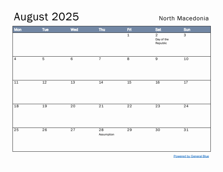 August 2025 Simple Monthly Calendar for North Macedonia