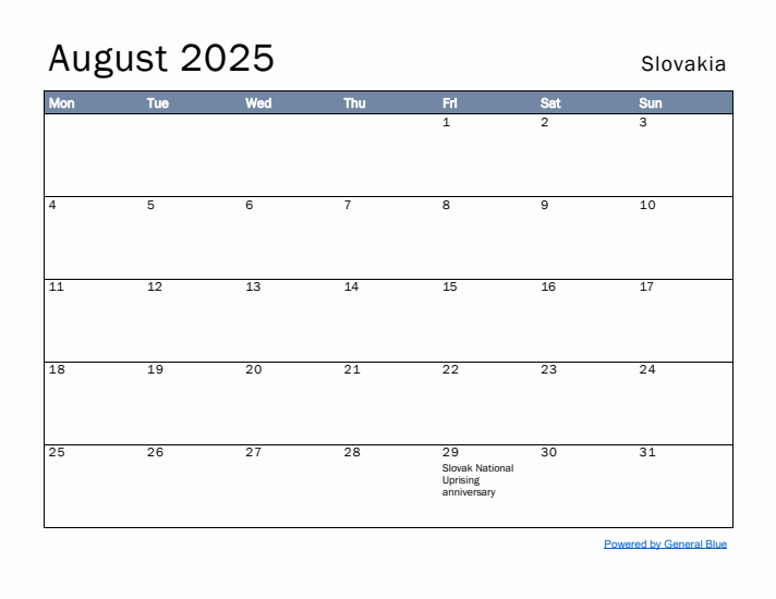 August 2025 Simple Monthly Calendar for Slovakia