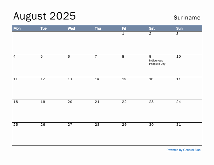 August 2025 Simple Monthly Calendar for Suriname