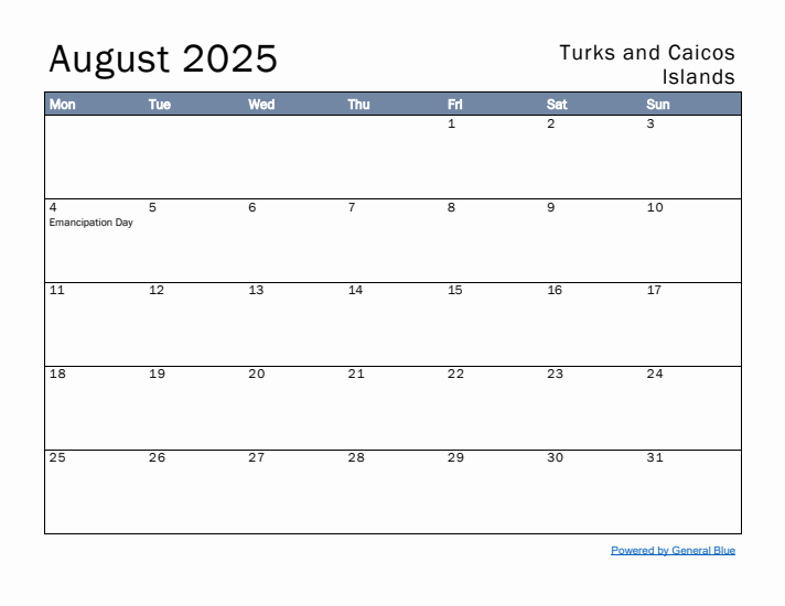 August 2025 Simple Monthly Calendar for Turks and Caicos Islands
