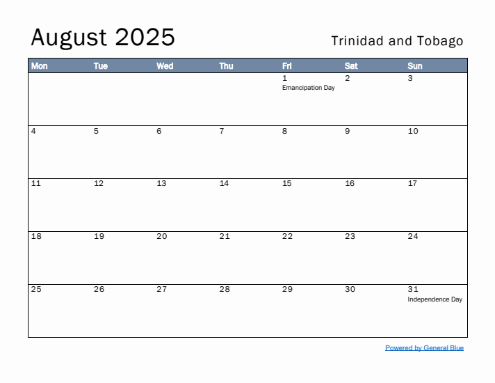 August 2025 Simple Monthly Calendar for Trinidad and Tobago