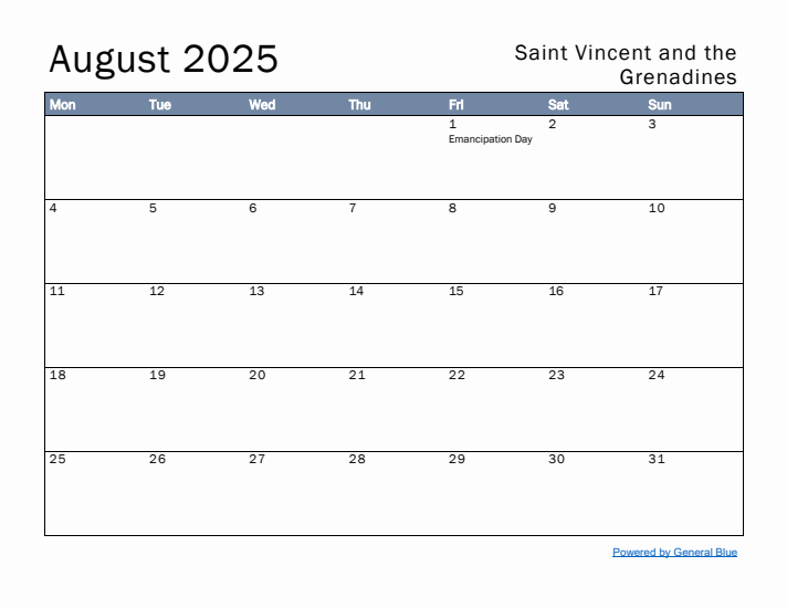 August 2025 Simple Monthly Calendar for Saint Vincent and the Grenadines
