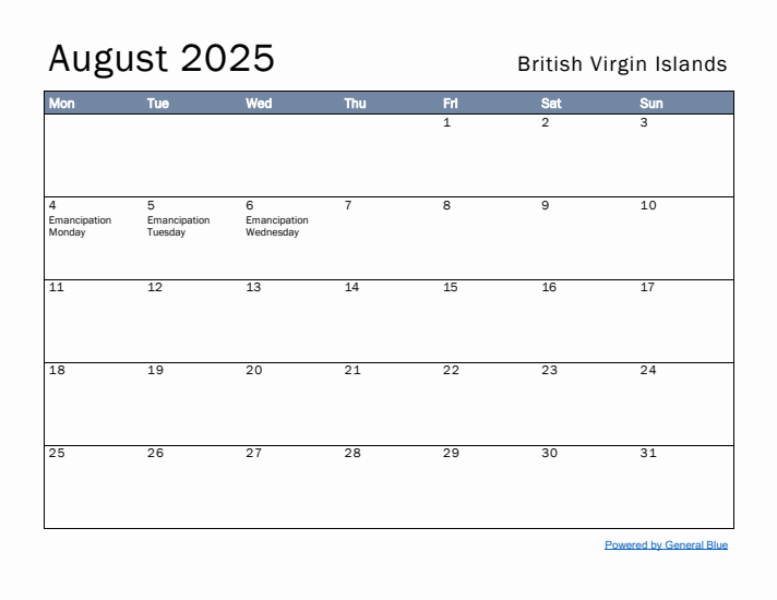 August 2025 Simple Monthly Calendar for British Virgin Islands