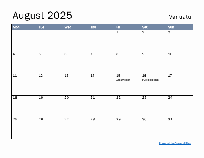 August 2025 Simple Monthly Calendar for Vanuatu