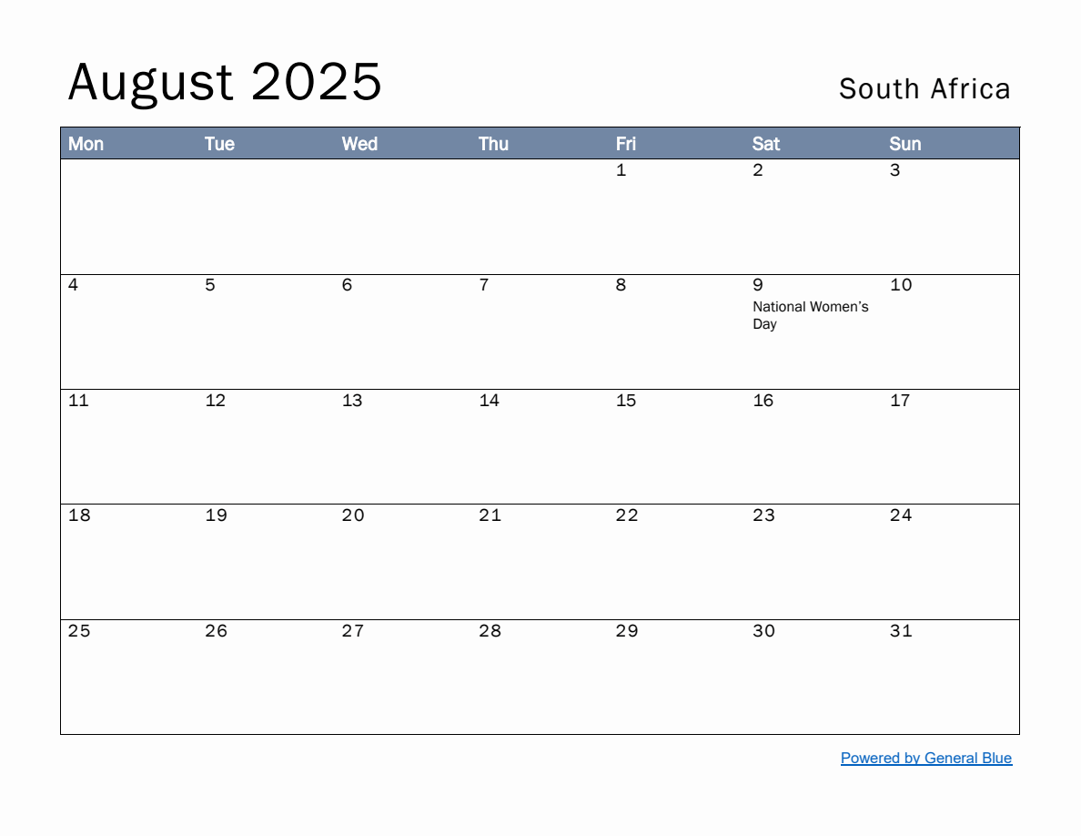 Free Monthly Calendar Template for August 2025 with South Africa ...
