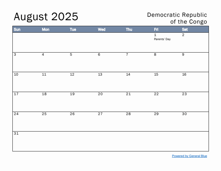August 2025 Simple Monthly Calendar for Democratic Republic of the Congo